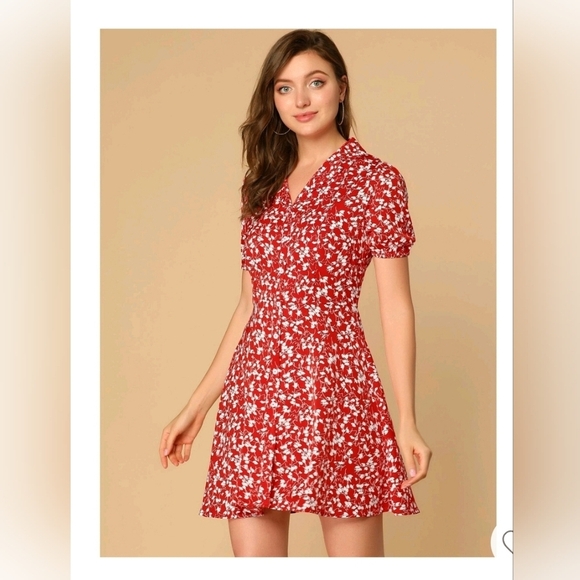 Allegra K Women's Button Up Short Sleeve A-Line Chiffon Vintage Floral Shirt Dre - Picture 2 of 9